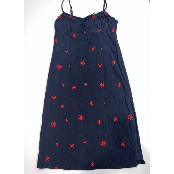 Lulus Summer Dress SZ XL Navy Blue W/ Red Flower Embroidery & Spaghetti Straps. - Picture 1 of 12